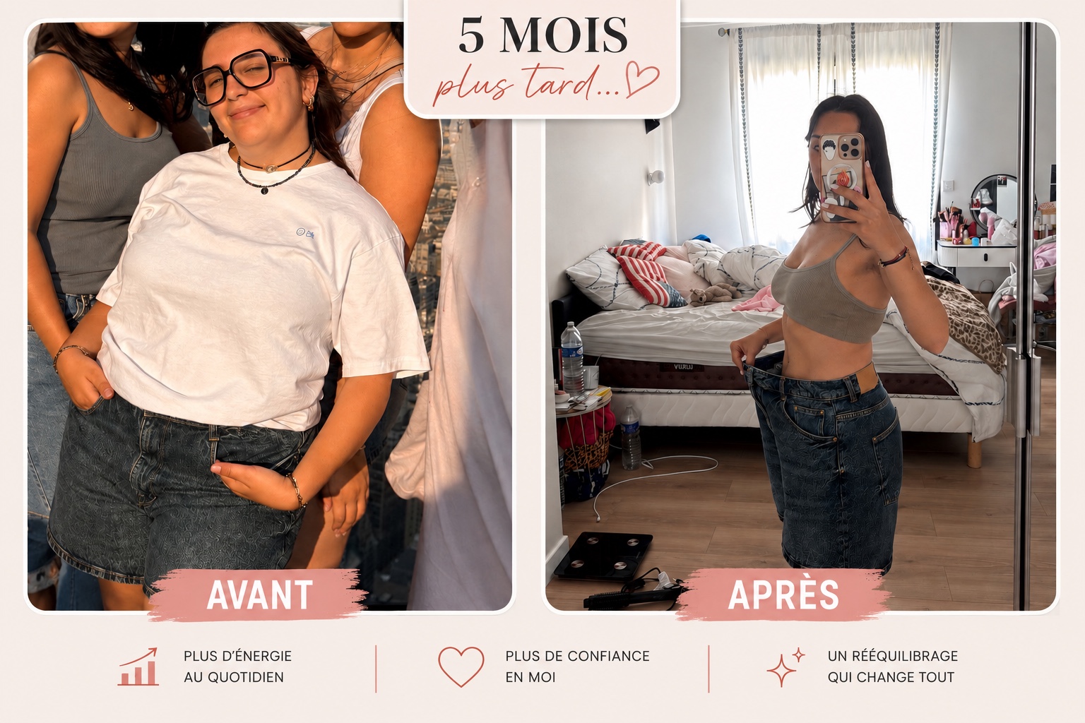 Avant et après 5 mois de rééquilibrage alimentaire avec Mon Équilibre by Nana
